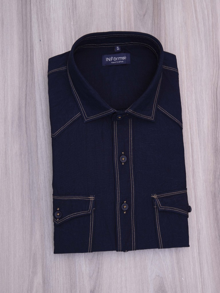 Dark Blue Spread Collar Classic Fit Opaque Casual Shirt (DAOVER) | Celio