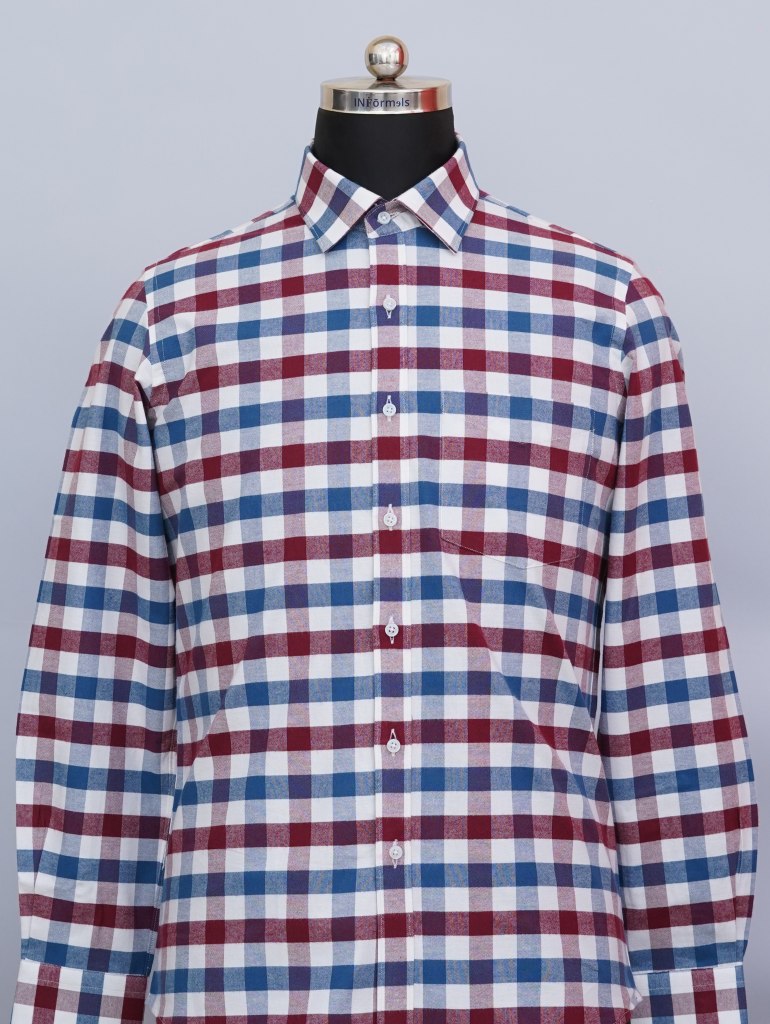 White Serenade Shirt with Blue and Maroon Medium Checks