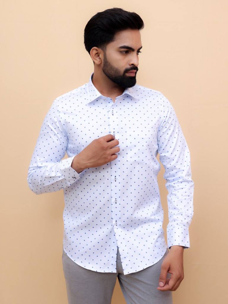 White with Blue Qubic Printed Shirt