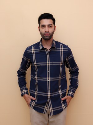 Elegant Navy Giza Checks Shirt