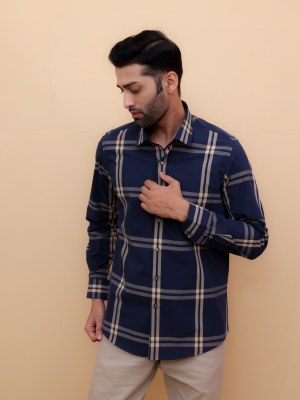 Elegant Navy Giza Checks Shirt