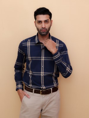 Elegant Navy Giza Checks Shirt